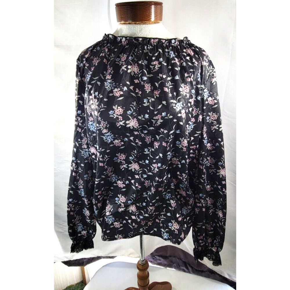 Grace Karin Womens Medium Black Floral Lace Cuff Elastic Ruched High Neck Blouse